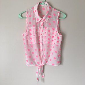 Modcloth Pink Polka Dot Tie Front Sleeveless Top